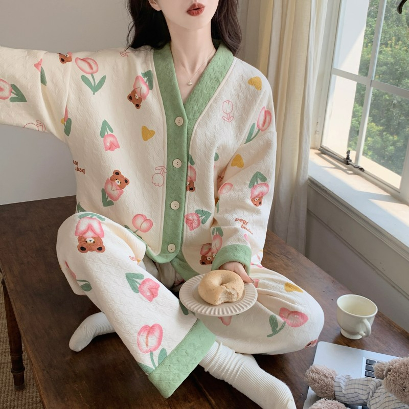 空气棉夹层-【花花熊千鸟格】2023款冬季厚款睡衣甜美保暖睡衣套装