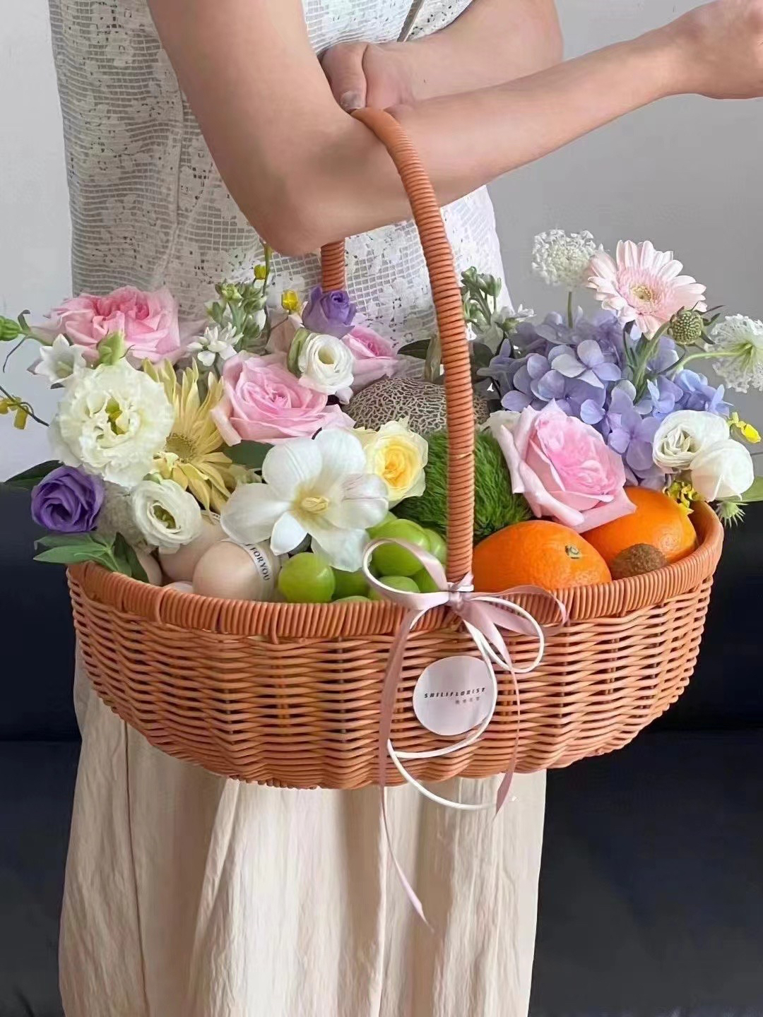 节庆花篮乔迁仿藤手提花篮水果店花店椭圆家居鸡蛋篮子野餐篮