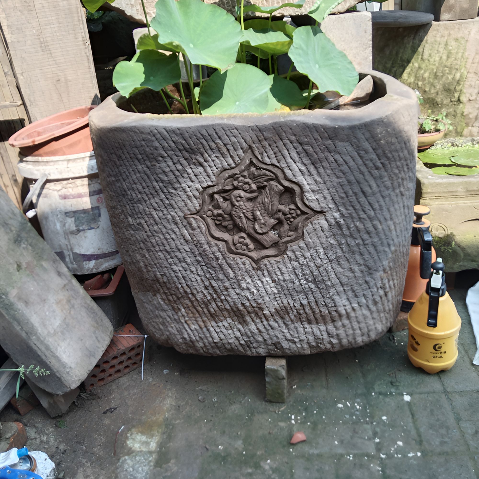 精典清代老石缸摆件主人杯老物件雕刻全手工粗陶精美风化