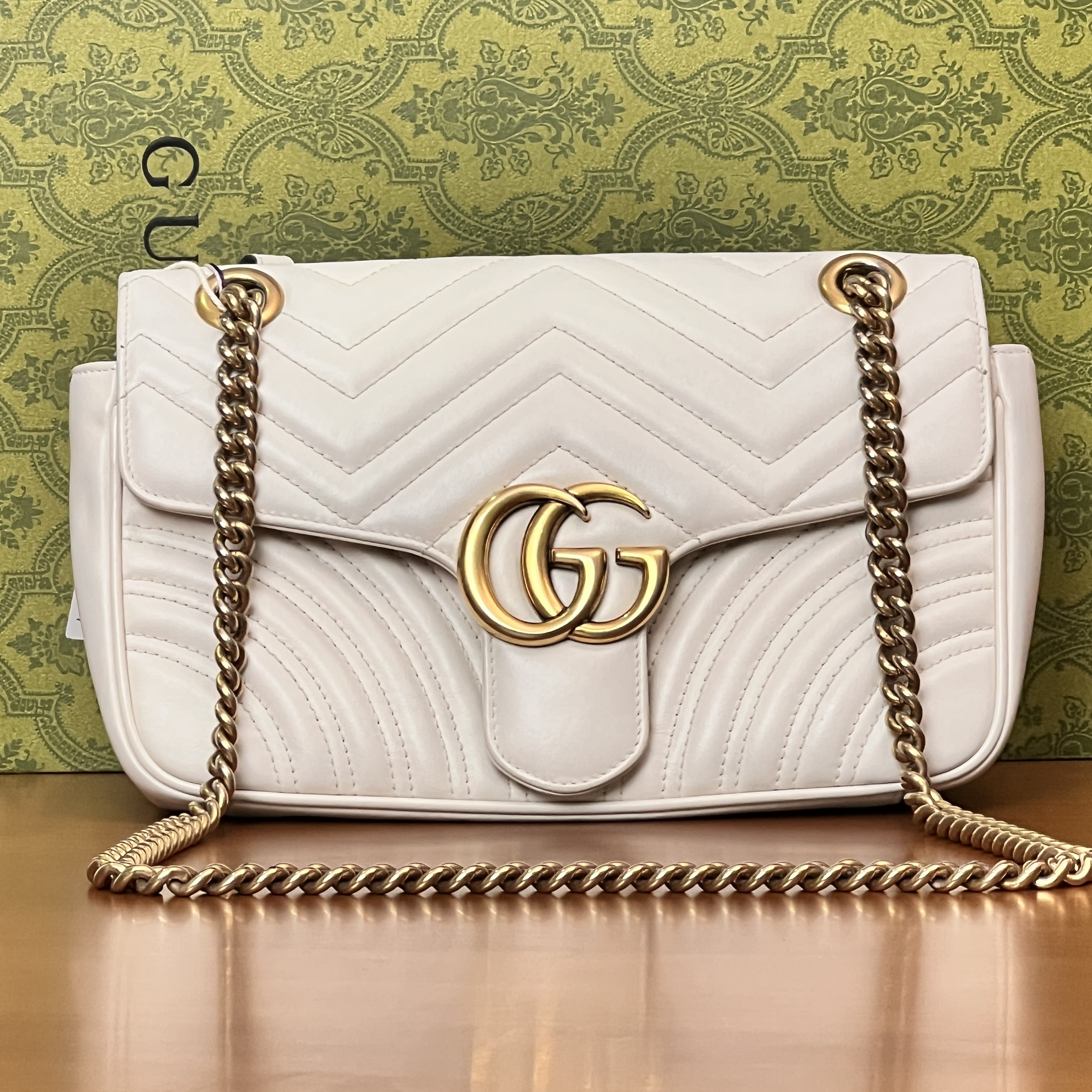 95新 GUCCI/古驰 马蒙26白色链条斜跨包/63240