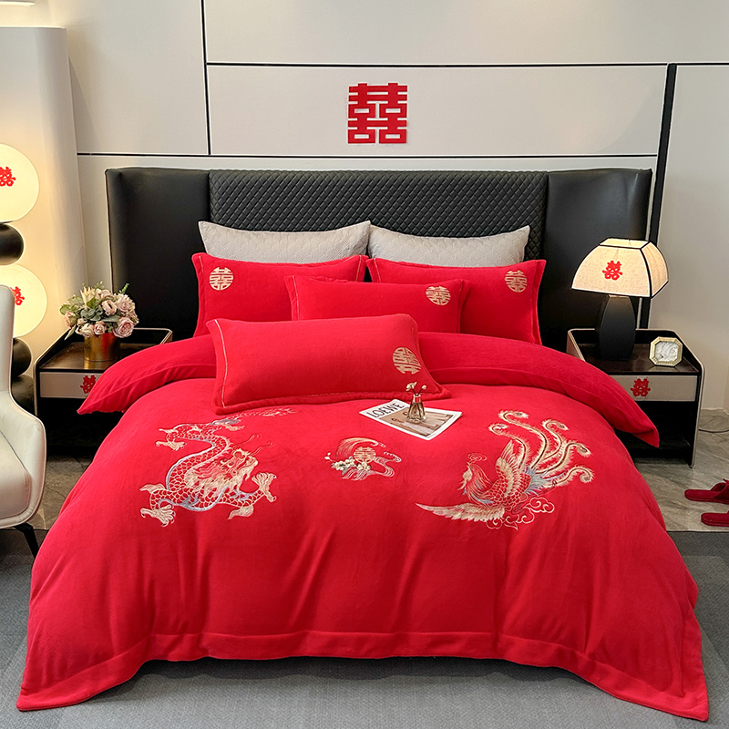 婚庆全消光加绒加厚牛奶绒四件套大红刺绣款双面绒被套床上用品