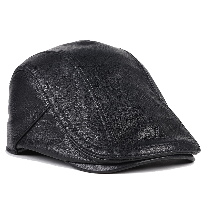 真皮鸭舌帽子男士秋冬季中老年山羊皮贝雷帽休闲前进帽户外平顶帽
