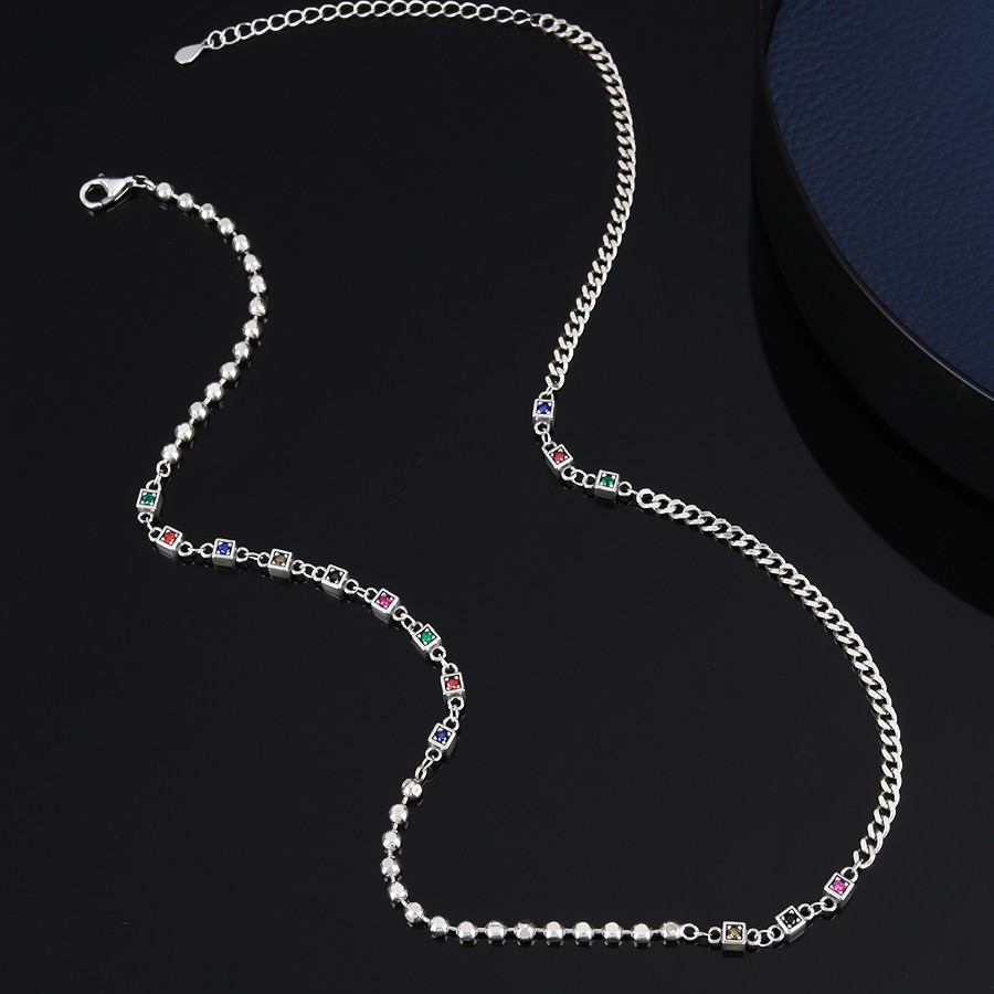 链子925银   彩锆拼接镭射古巴项链11.2克 X2894 小众时尚百搭