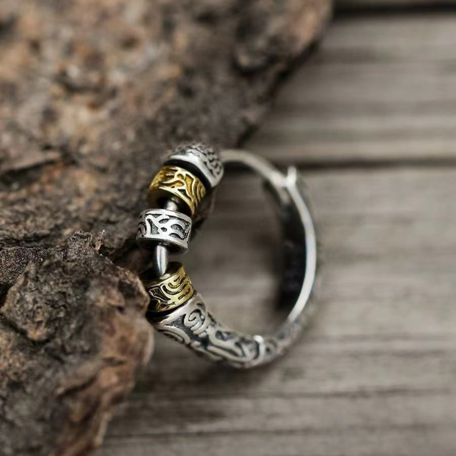 925银耳饰 双色唐草纹环穿耳扣 C7478 复古编织个性民族风