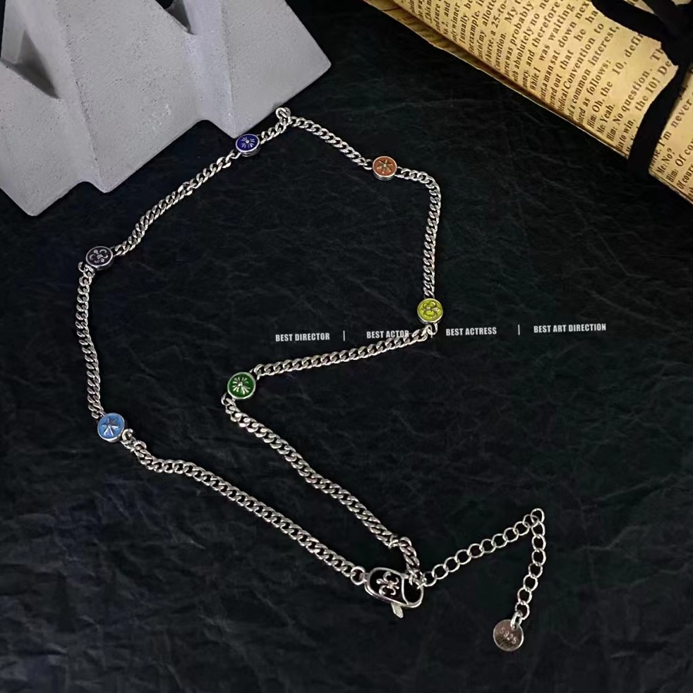 链子925银 彩色双面双色滴釉鸢尾花项链40cm+5cm DY11196