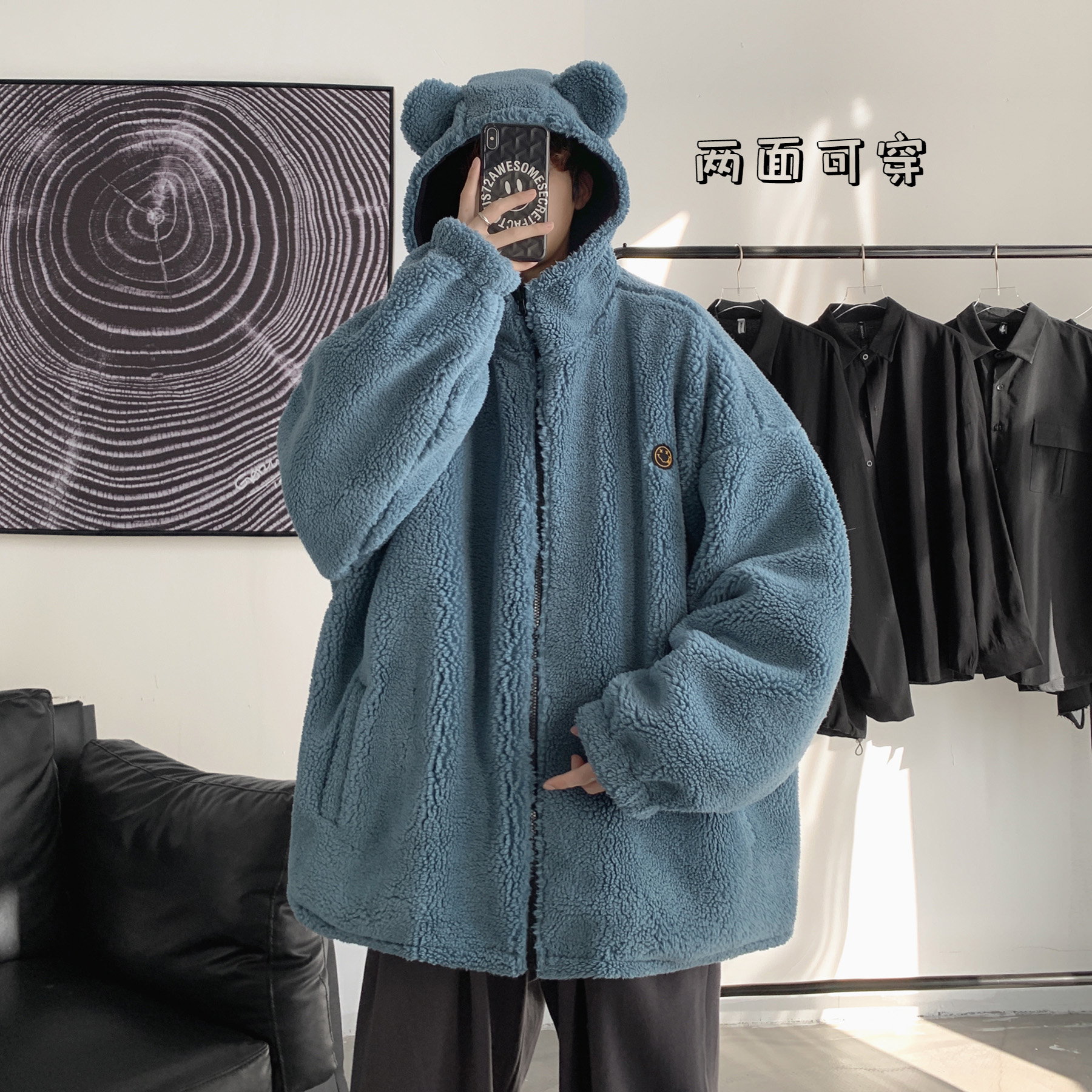 熊耳朵两面穿棉衣外套 男士情侣宽松港风加绒加厚保暖ins立领韩版