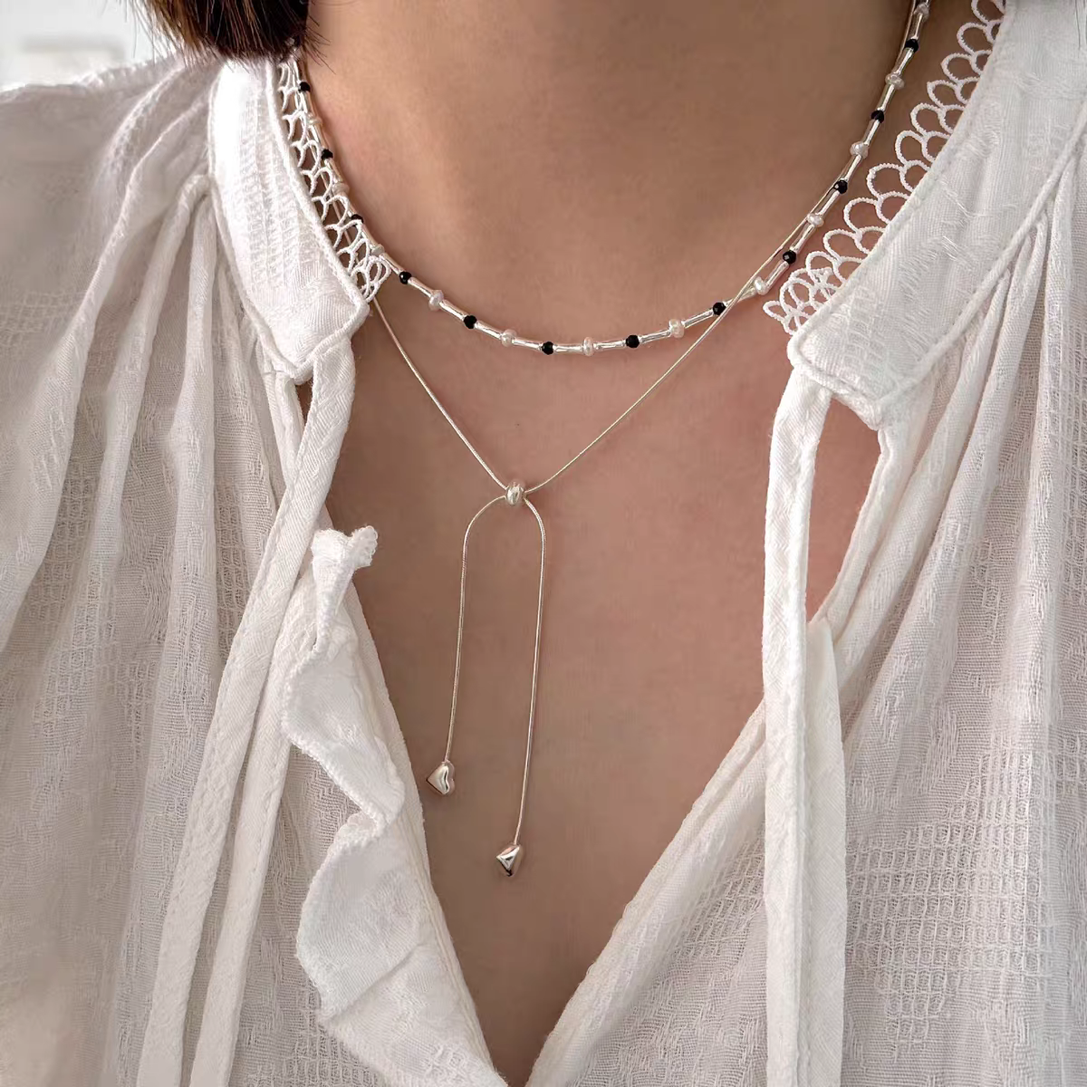 坠链均925银 十里间【抽绳爱心】S925银蝴蝶结项链锁骨链