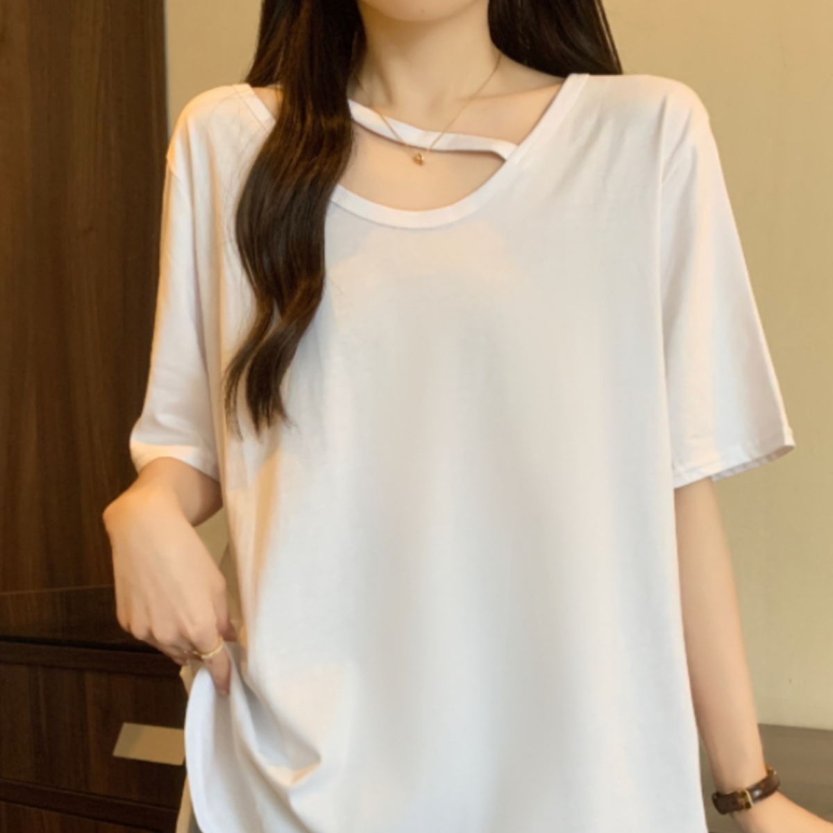 【慕名而来】宽松白色休闲半袖开叉中长款不规则薄款