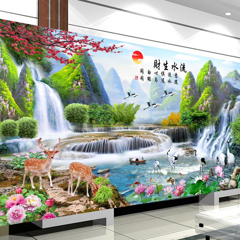 十字绣流水生财鹿大图大幅客厅大气风景山水画自己绣手工满绣66色