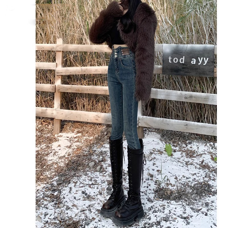超高腰牛仔裤女2025秋冬新款修身显瘦外穿复古紧身加绒铅笔小脚裤