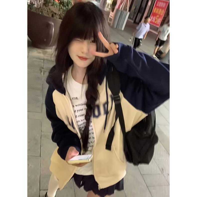 国潮牌美式开衫hiphop插肩袖连帽卫衣女春秋拼色拉链慵懒chic外套