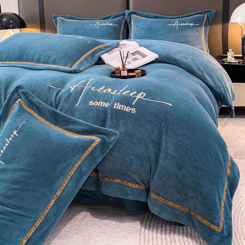富安娜轻奢高端牛奶绒床上四件套加厚双面绒珊瑚绒被套法兰绒床单