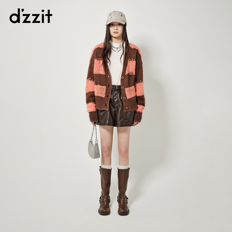 dzzit地素条纹开衫春秋季复古可拆卸胸针设计V领上衣女3H3E5432M