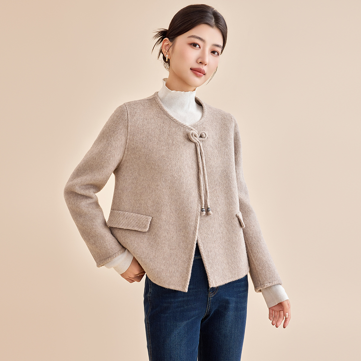 GOOBGS绵羊毛双面呢外套新中式盘扣国风大衣G4486080-6