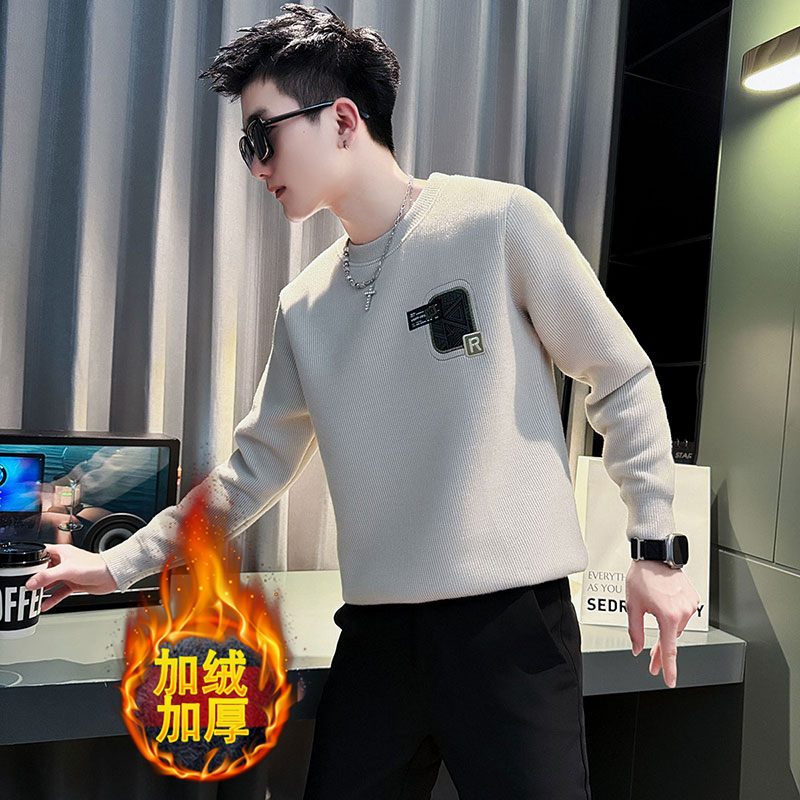 秋冬季男士毛衣加绒加厚圆领长袖针织打底衫韩版潮流休闲百搭线衣