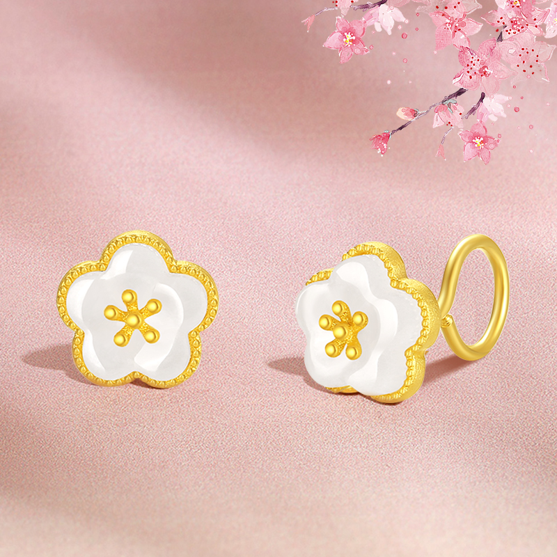 足金桃花女黄金耳饰珠宝黄金耳饰足金金镶玉耳钉女款水贝黄金礼物