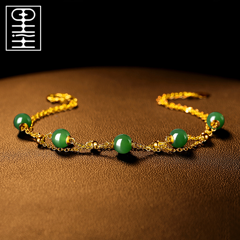 足金女士金镶玉转运珠双层手串手串精致妈妈生日礼物黄金水贝珠宝