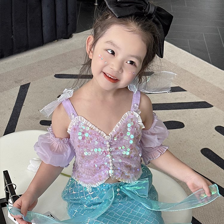 AnnieGirl童话里的美人鱼绝美女童夏生日闪片吊带网纱半裙套装