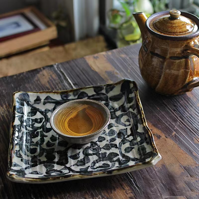 日本原装进口手工章鱼唐草方盘寿司盘餐盘日式单层复古风茶具餐具