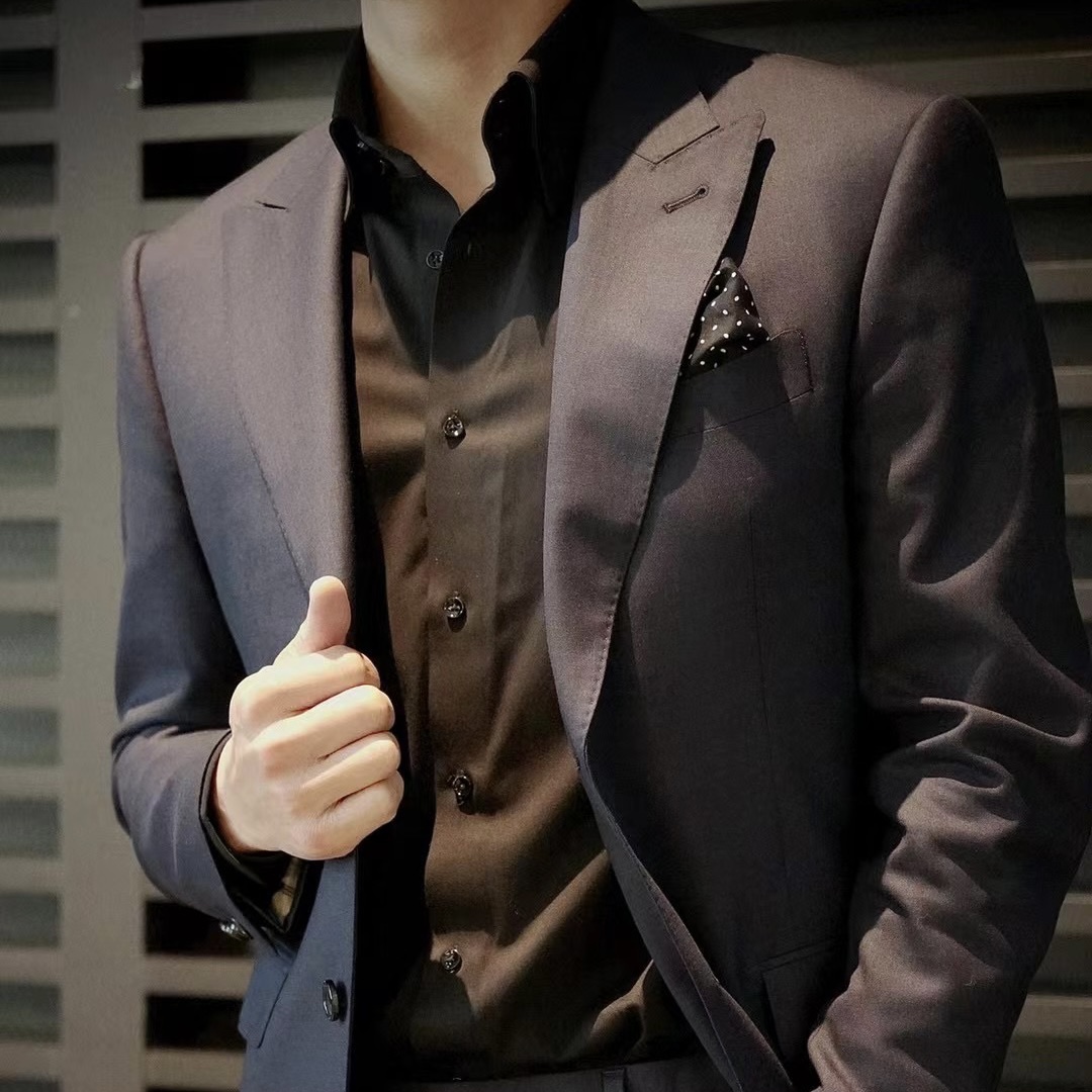 蓝灰色美丽诺羊毛西装半麻衬商务休闲修身男士套装时尚西服