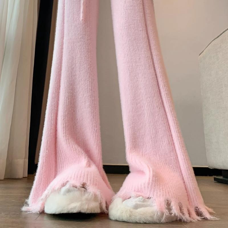 粉色仿水貂绒针织阔腿裤女秋冬高腰垂感流苏微喇裤休闲显瘦拖地裤