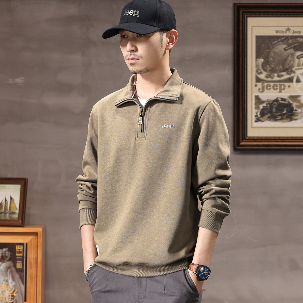 jeep吉普潮牌圆领卫衣男士秋冬款2024新款长袖秋装上衣打底衫外套