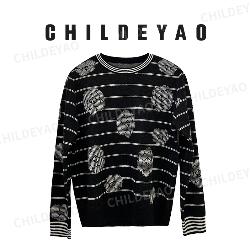 Childe Yao【山茶花】100绵羊毛套头毛衣女长袖条纹毛衫AMY3231