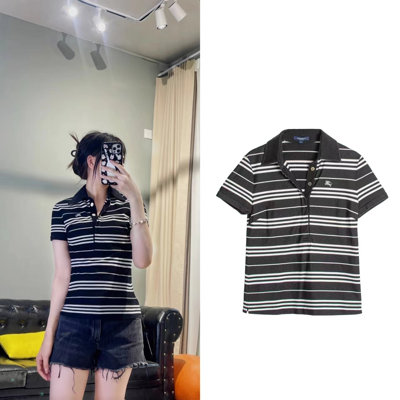 99新 BURBERRY/博柏利 女款条纹polo衫运动休闲复古短袖 1码B2019