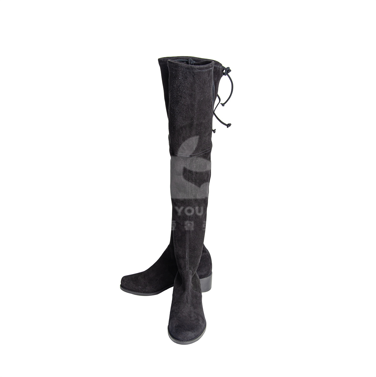 95新 StuartWeitzman 黑色翻毛真皮拼接平底高筒靴35.5码S0305   
