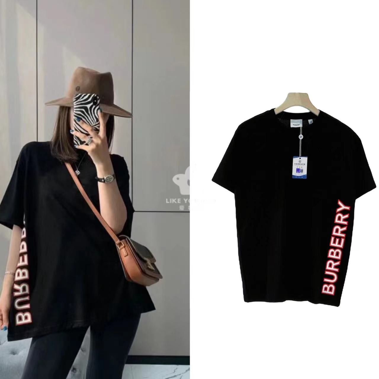 99新 BURBERRY/博柏利 印花显瘦黑色圆领侧边Logo T恤短袖 B2512