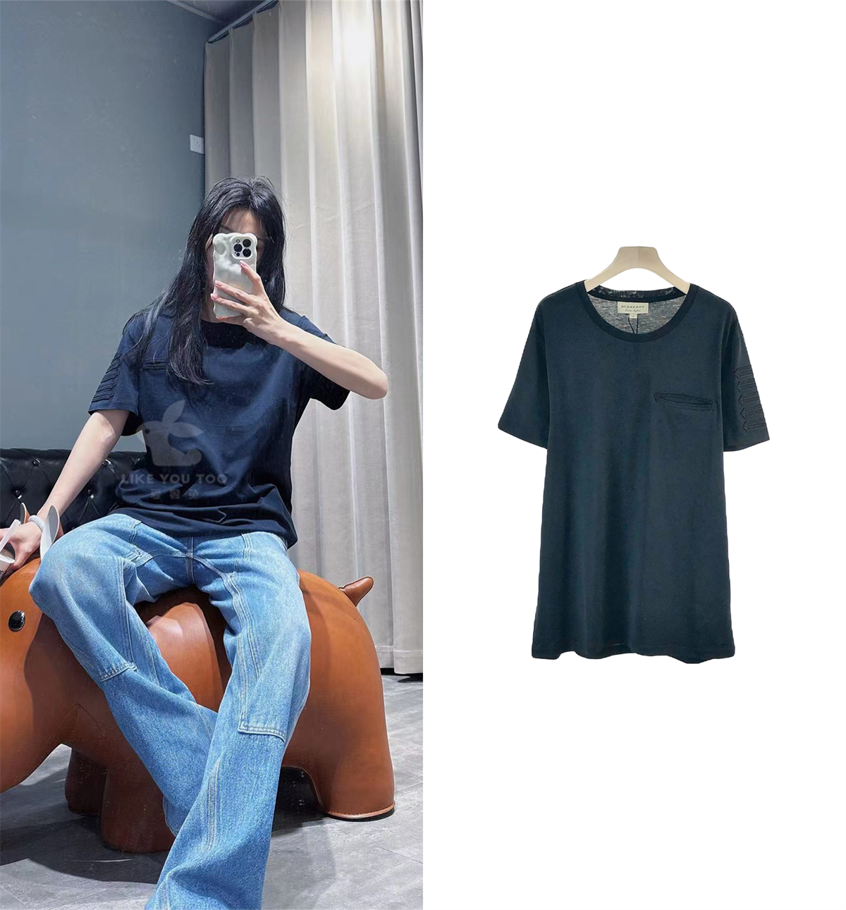 未使用 BURBERRY/博柏利 黑色宽松T恤尺码XL B0322  