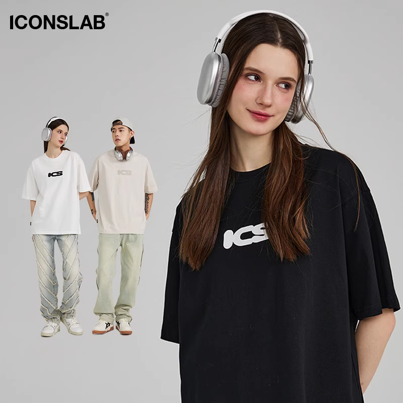 ICONSLAB基础logo印花短袖T恤男女同款重磅美式复古