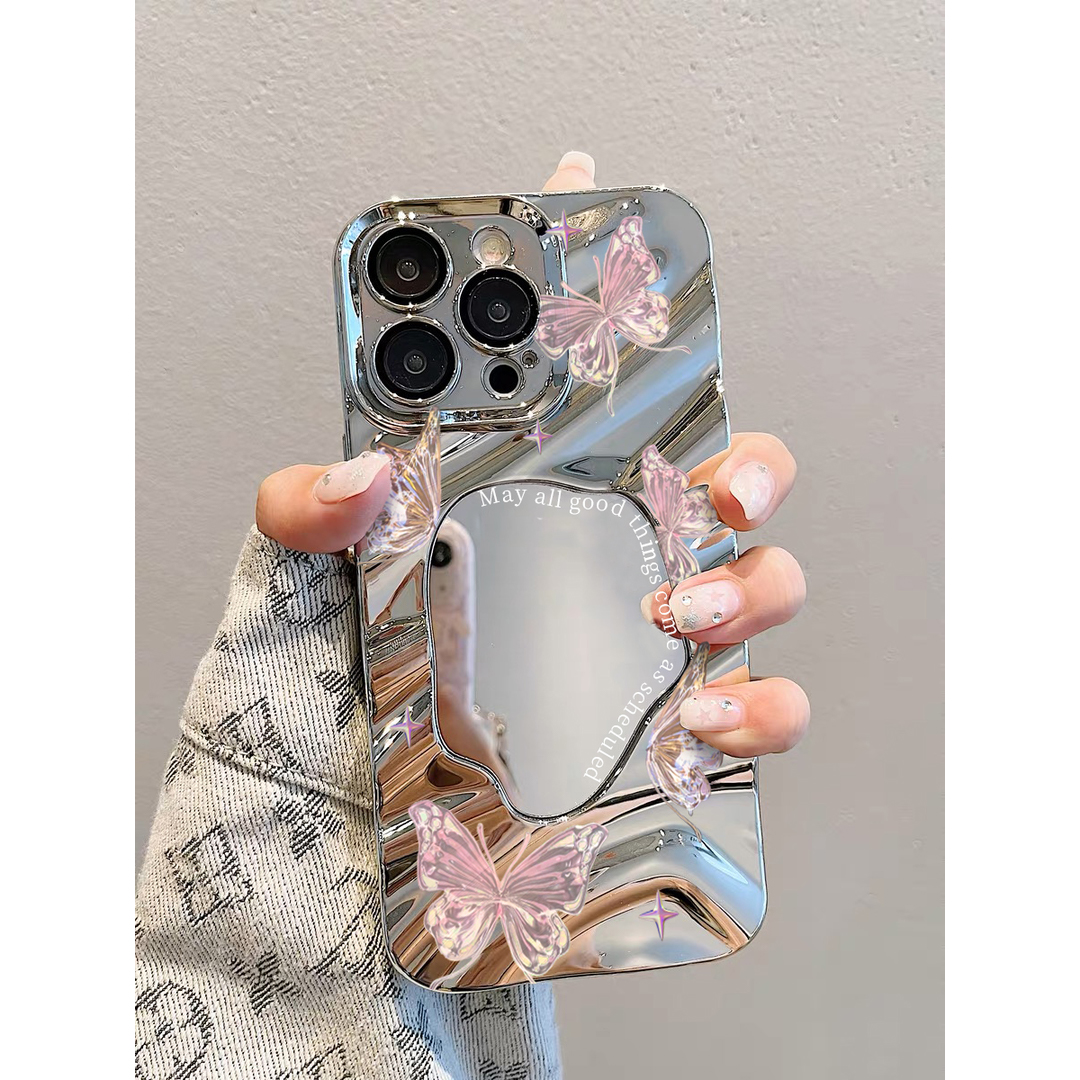BANCA镜面梦幻粉蝴蝶iPhone15promax手机壳苹果14电镀13全包12/11