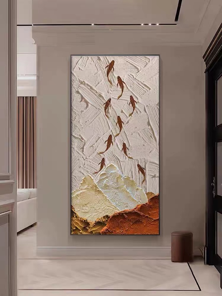 九鱼图轻奢玄关装饰画玄关画入户寓意好抽象客厅走廊挂画玄幻壁画