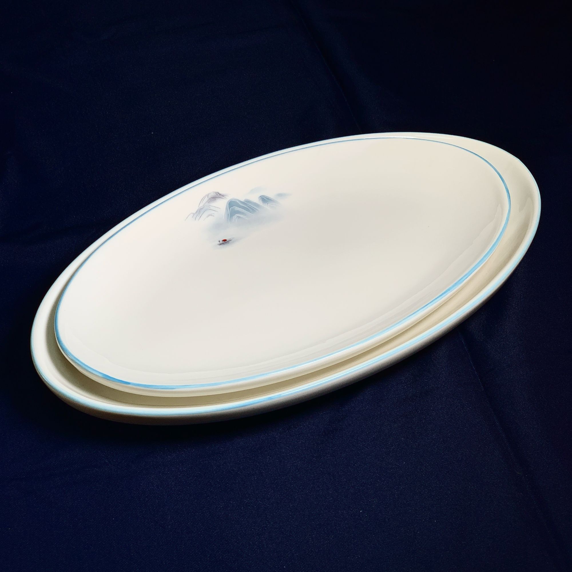 14寸16寸18寸山水锦绣旦形餐盘陶瓷鱼盘家用菜盘白瓷釉下彩中式