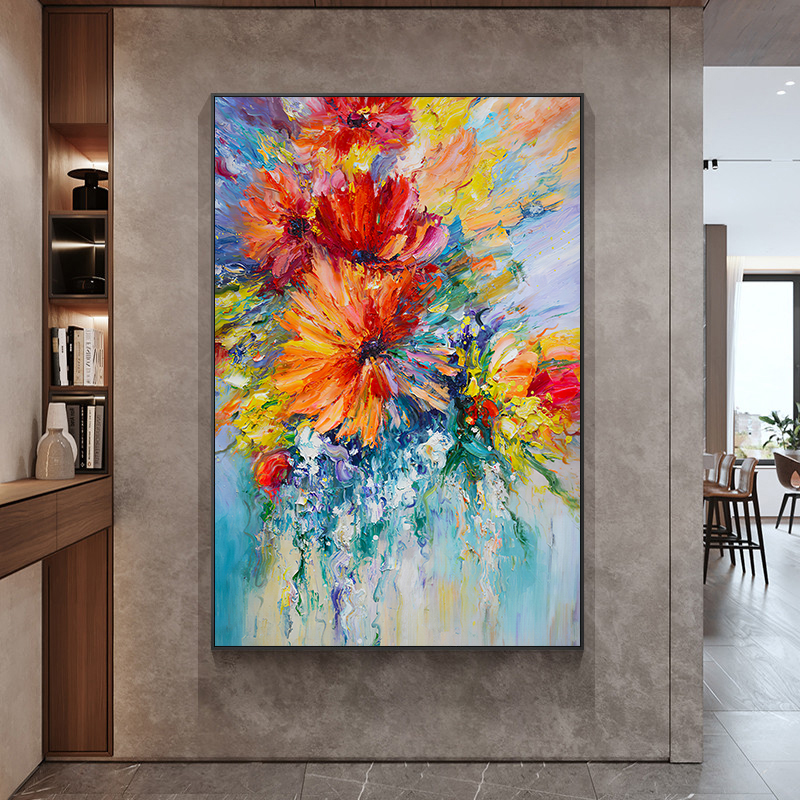 FLD.手绘油画《花开富贵》厚肌理油画法式田园客厅玄关抽象装饰画