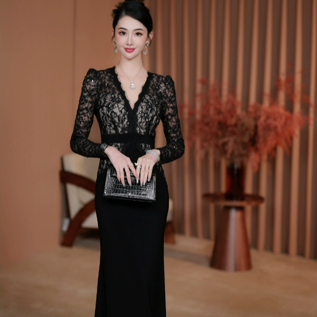 东东定制【星空秘境】 NO退NO换 优雅法式长袖黑色连衣裙