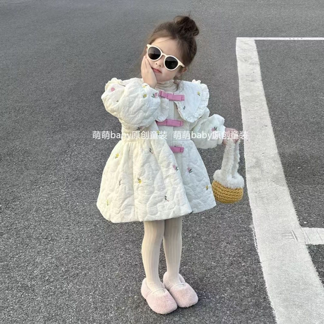 女童2025童装韩版冬季娃娃领棉服新款儿童刺绣碎花夹棉连衣裙外套