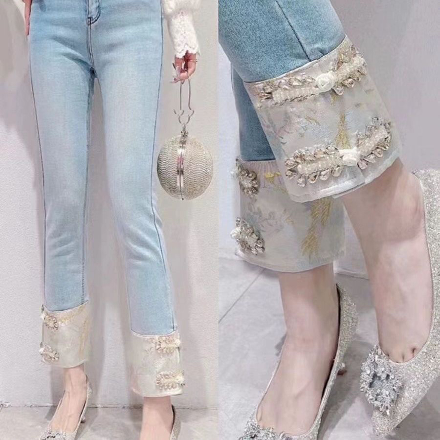 2025春季新款国风拼接直筒高端重工弹力烟管松紧腰牛仔裤