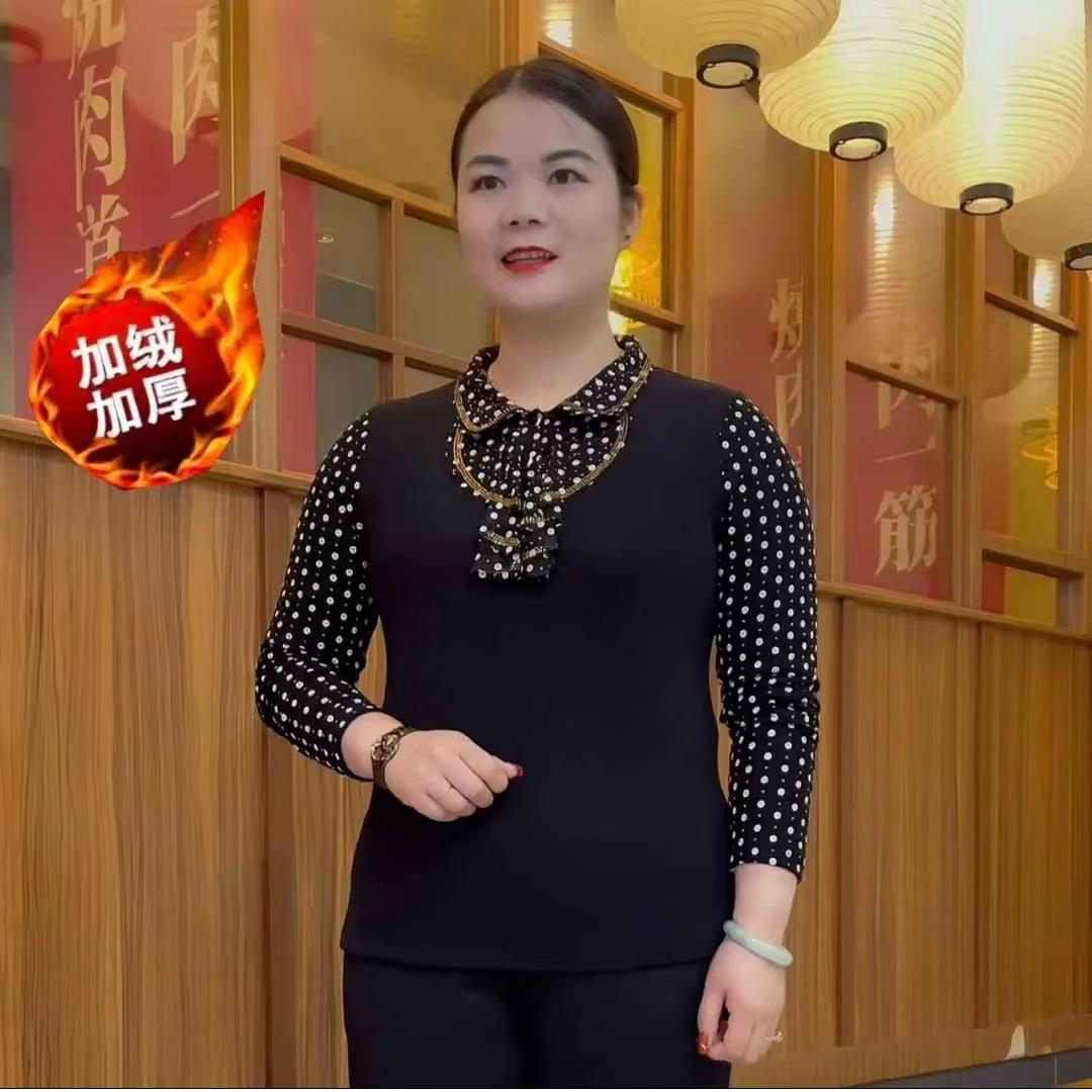 中老年女装秋冬加绒假两件打底上衣妈妈春秋洋派时尚新款长袖小衫
