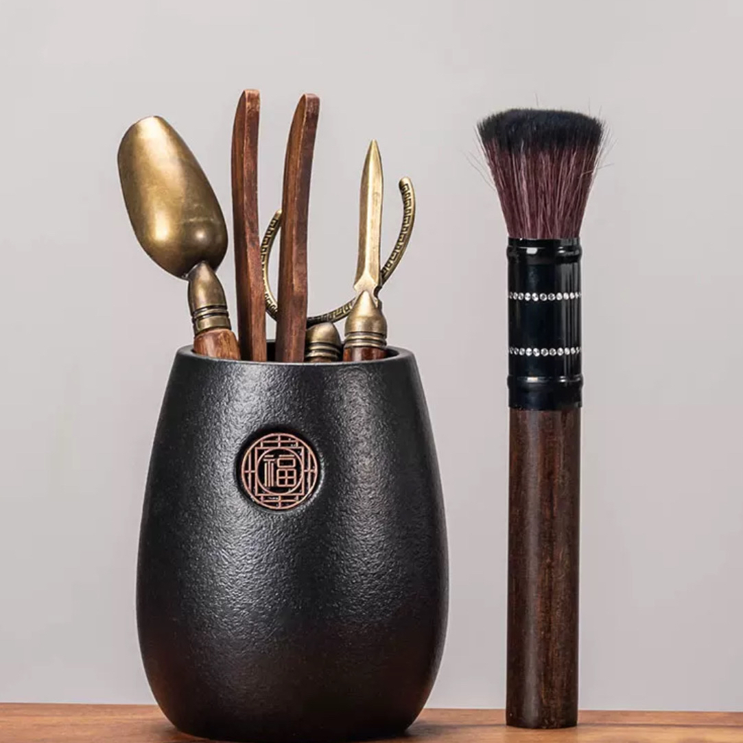 高档黑檀实木茶周边带黑色陶瓷路宝釉茶道君子桶六君子中式茶器具