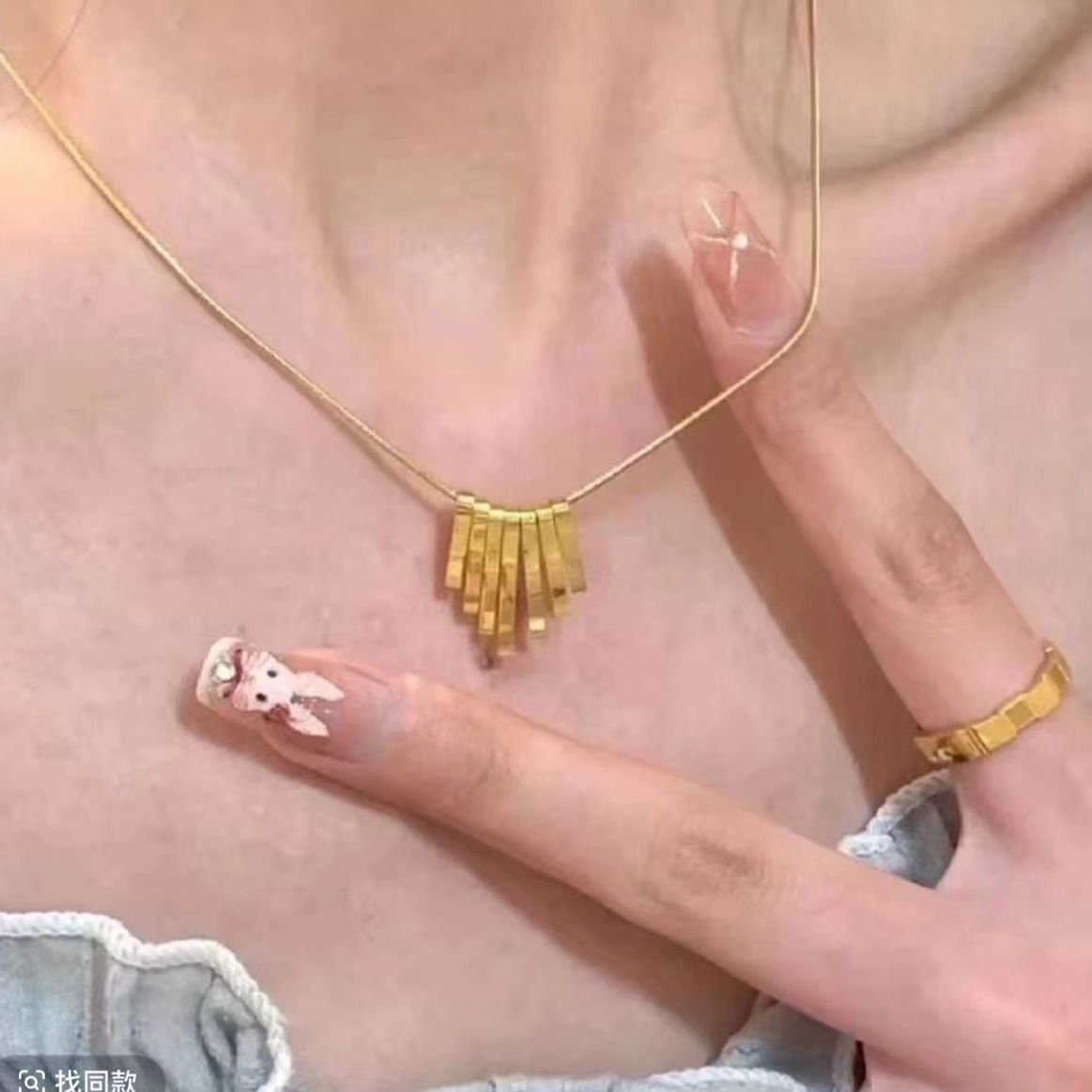 钛钢项链 扇形流苏项链 