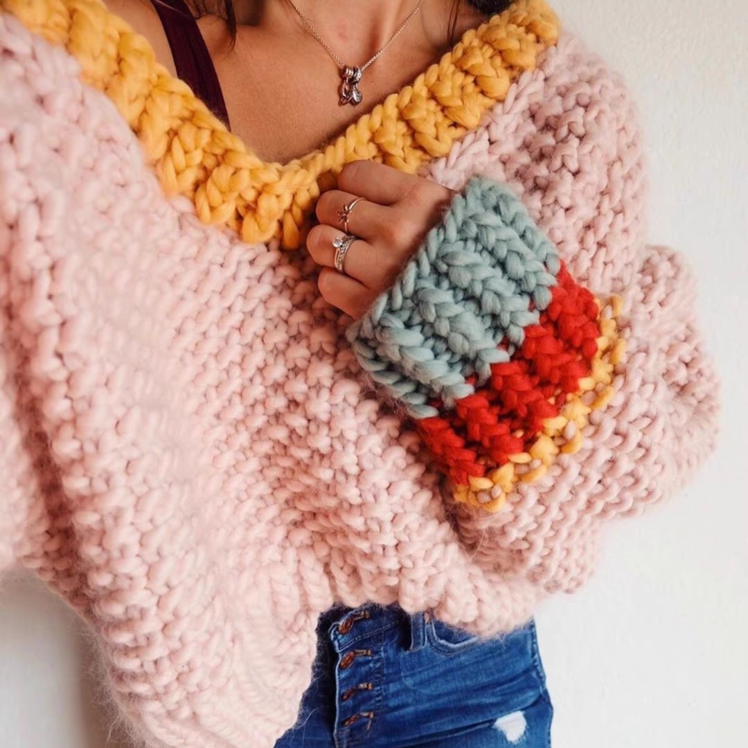 美丽奴纯羊毛2023秋冬简约大v领拼接毛衣外套保暖针织衫套头编织