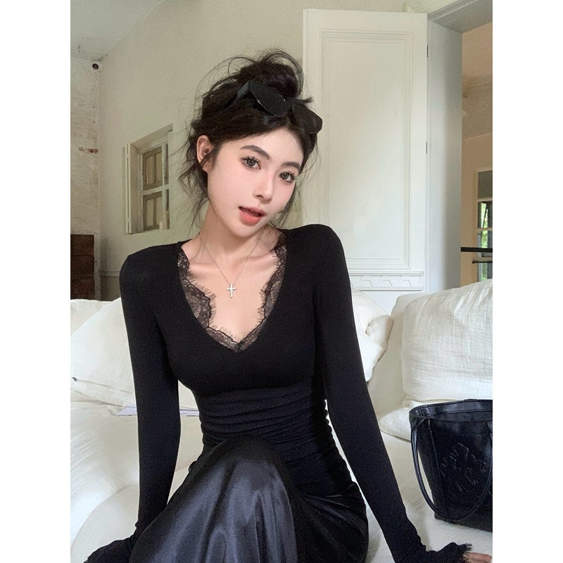 【加绒加厚】2025冬季新款纯欲性感女神内搭打底衫蕾丝花边上衣712