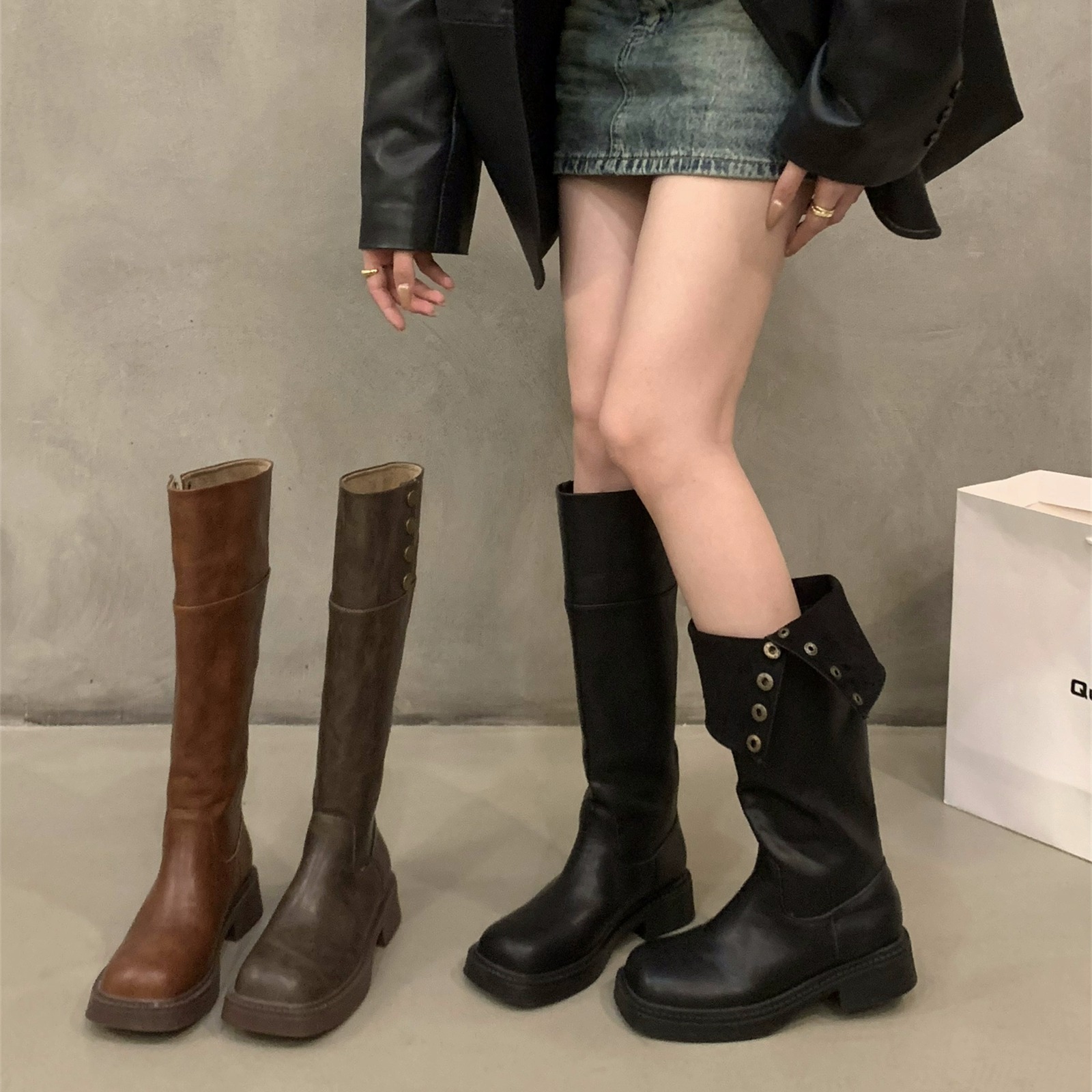 百丽纯爱厚底棕色西部骑士长筒靴子女鞋不过膝2023新款春秋季美式