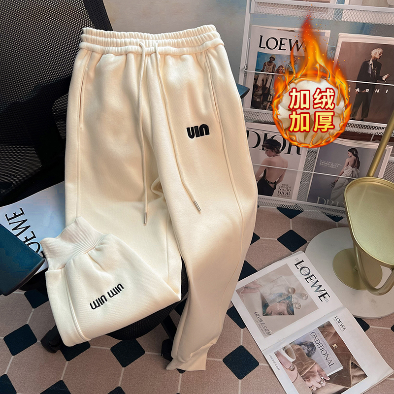 实拍华棉复合真超加绒女秋冬刺绣花韩版高腰休闲运动阔腿保暖长裤