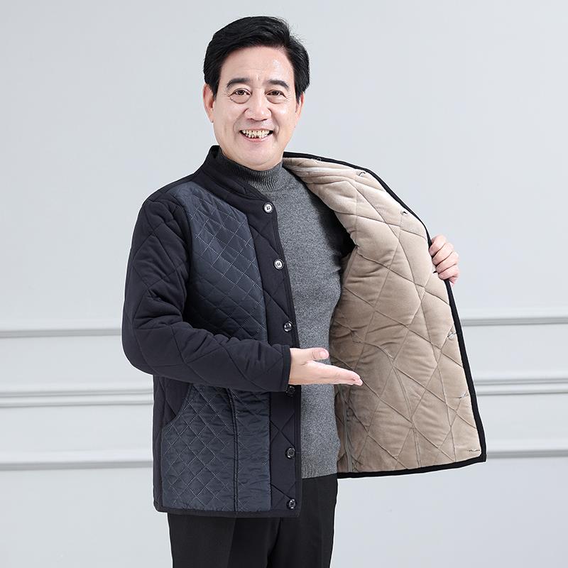 中老年棉衣男冬季外套加绒加厚菱形格大码宽松爸爸装短款老人棉袄