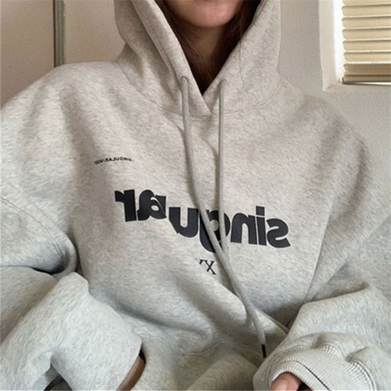 灰色绒厚连帽卫衣女2023新款时尚早秋oversize慵懒宽松外套