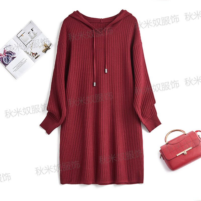 秋冬新款上新2191-C毛衣针织连帽宽松连衣裙竖坑条设计显瘦