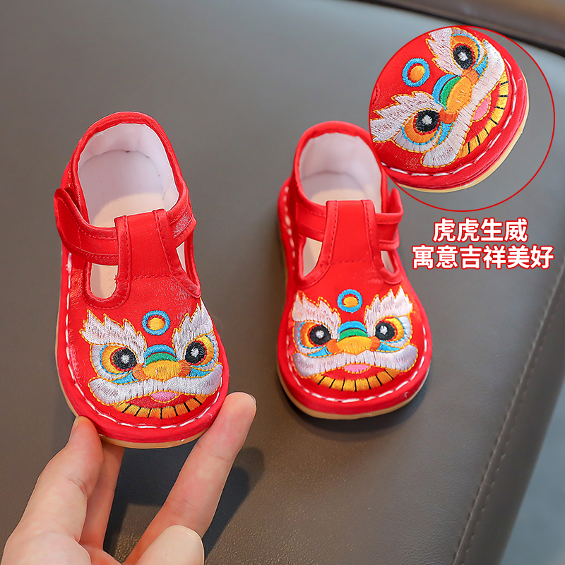 醒狮男女宝宝1-4岁婴儿手工布鞋周岁儿童绣花鞋子新年抓周春秋H02